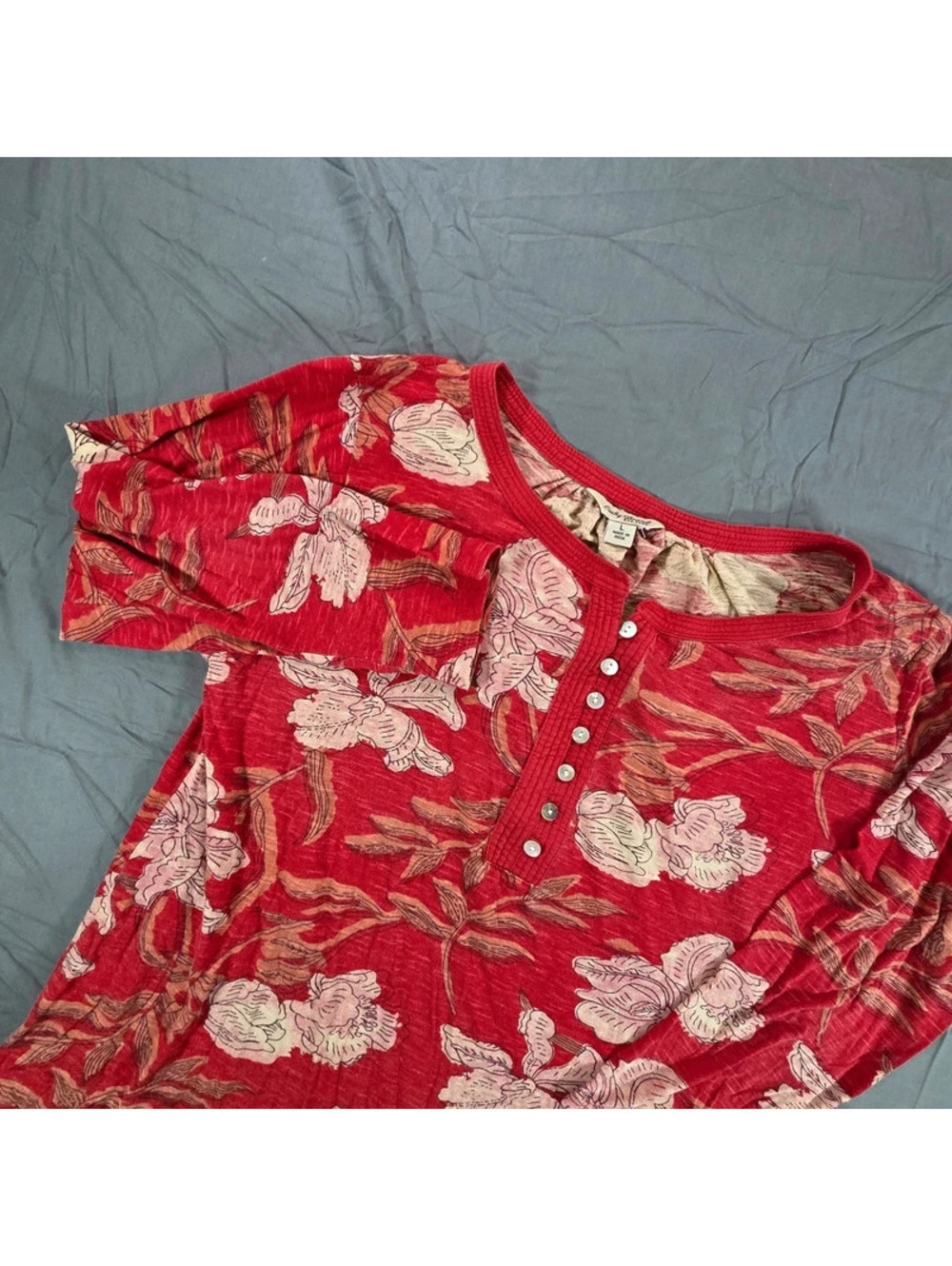 Lucky Brand Red Floral Henley Tunic Top